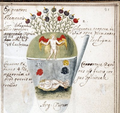 Strona z notatnika alchemicznego, para i anioł - Praca Johanna Grasshoffa (Grasshof lub Grasse) (1560-1623), akwarela na pergaminie (14,6x10 cm), ok. 1620 - (notatnik alchemiczny, akwarela na pergaminie J. Grasshoff , c.1620) - Uniwersytet Yale, Ne autorstwa Unknown artist