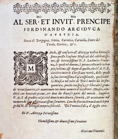 Strona dedicace dla Ferdynanda Austrii w partyturze muzycznej Symfonii Ludovico Viadana autorstwa Unknown artist