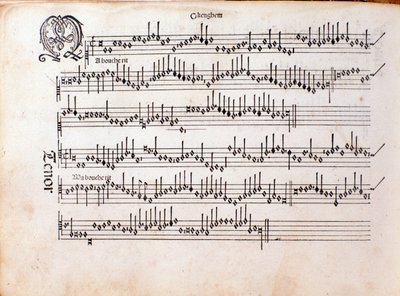Strona partytury muzycznej Harmonice Musices Odhecaton Ottaviano Petrucciego (1501) autorstwa Unknown artist