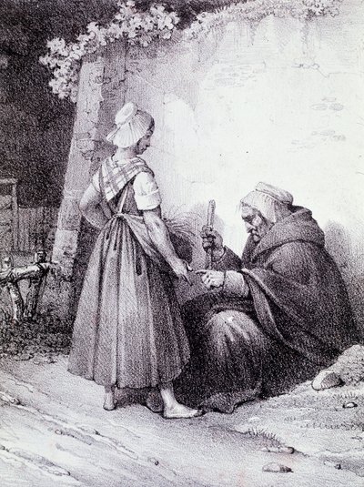 Chiromancja: stara wróżka czyta z ręki młodej dziewczyny (Grawerowanie) autorstwa Unknown artist