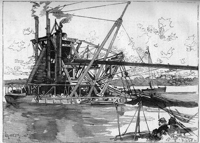 Działa Kanał Panamski. Główne maszyny: wielka amerykańska pogłębiarka. Grawerowanie w „”Le Monde Illustré”” autorstwa Unknown artist
