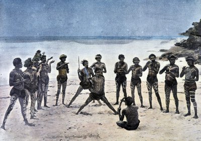 Papua tańczy na plaży obok wioski Takapuna (Nowa Gwinea). autorstwa Unknown artist