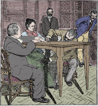 Zjawiska paranormalne: doświadczenie wznoszenia stołu w Mediolanie w 1892 roku w obecności medium Eusapii Paladino i Cesare Lombroso (1835-1909) oraz Charlesa Richeta (1835-1909). autorstwa Unknown artist