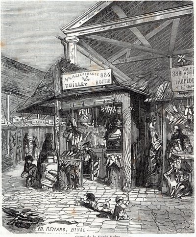 3. dzielnica Paryża - Carre de la Foret-Noire: sprzedaż skóry i butów w Le Carreau du Temple w XIX wieku - Grawerowanie w „Tableau-de-Paris” autorstwa Edmonda Texiera autorstwa Unknown artist