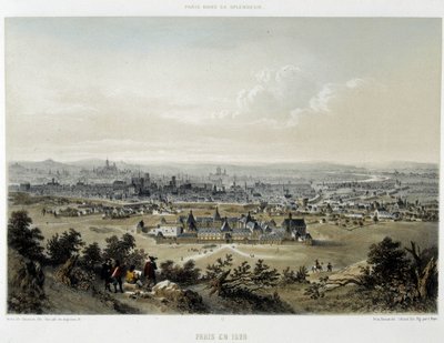 Paryż 1620, widok ogólny z Butte Chaumont - litografia autorstwa Unknown artist
