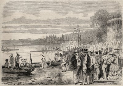 Paryscy kajakarze. Regates de Saint-Cloud (Saint Cloud) w 1857 r. Grawer w „Le Monde illustrious” z 1857 r. Ze zbiorów prywatnych. autorstwa Unknown artist