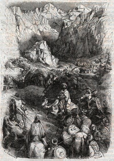 Przejście Pirenejów przez Maurów - rycina z 1851 r. z „Wściekły Roland” (Orlando furioso) (XVI w.) Ludovico Ariosto, zwanego Ariosta - Wydanie przetłumaczone z języka włoskiego przez hrabiego Tressan i wydane przez Gustave