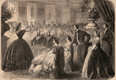 Pauline Viardot-Garcia (Viardot Garcia) (1821-1910), francuska piosenkarka na festynie charytatywnym wydanym przez lożę Maconnique „La perseverante friends” w Wielkim Wschodzie Paryża. Grawer „Le Monde illustrious” z 1862 r. Ze zbiorów prywatnych. autorstwa Unknown artist