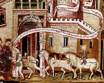 Zapłata podatku od soli przy wjeździe do miasta (gabelle) Miniatura z rękopisu (Pani H V-5) „Codex de Privileges”” autorstwa Unknown artist