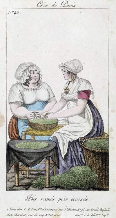 Kupcy grochu: dwie kobiety zrzucające groszek. „” Groch rzędowy, groszek szkocki” - w „” Cris de Paris””, deb. 19 wiek autorstwa Unknown artist