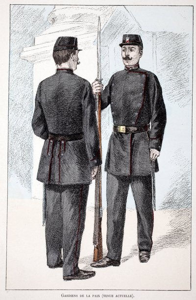 Strażnicy pokoju (okres Lepine). Akwaforta w kolorach, dla ilustracji „Histoire du corps des gardes de la paix””” książka wydana pod auspicjami Louisa Lepine’a (1846-1933) prefekta policji nad Sekwaną, autorstwa Alfreda Reya (1864-?) i Louisa Ferona (1862- autorstwa Unknown artist