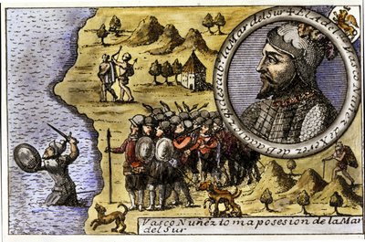 Występ Vasco Nuneza de Balboa (1475 - 1517), hiszpańskiego nawigatora, który jako jeden z pierwszych odkrył Ocean Spokojny, przekraczając Cieśninę Darien. Rytownictwo autorstwa Unknown artist