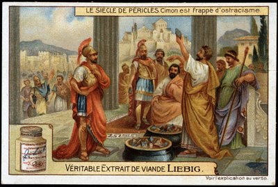 Wiek Peryklesa (495-429 pne): mąż stanu i strategia Cimon (510-449 pne) jest uderzony ostracyzmem, w 461 pne - chromolitografia Liebiga autorstwa Unknown artist