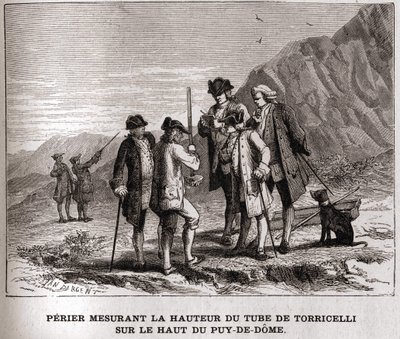 Perier mierzący wysokość barometru (rurki rtęciowej) autorstwa Evangelisty Torricelli lub Toricelli na szczycie Puy-de-Dôme 20 września 1618 r., rycina XIX wiek, kolekcja Bianchetti. autorstwa Unknown artist
