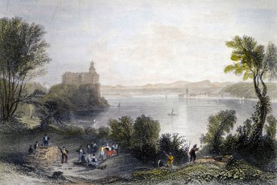 Zamek Persenberg w Niemczech. Na pierwszym planie stolarze przy pracy. Rycina XIX wieku. autorstwa Unknown artist