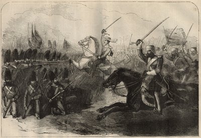 Perska anglo (anglo-perska) wojna (1856-1857): szarża 3. brytyjskiej kawalerii indyjskiej dowodzonej przez kapitana Forbesa podczas bitwy pod Koosh-Ab (Koosh Ab, Kooshab) 8 lutego autorstwa Unknown artist