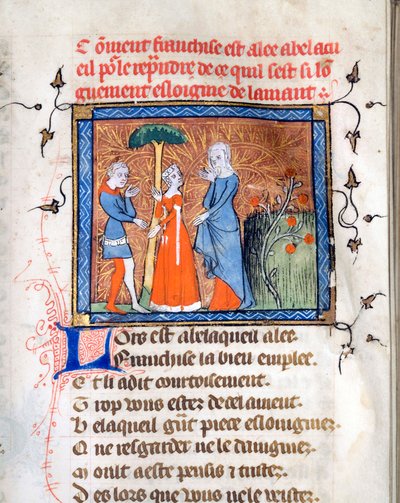 „Znaki w rozmowie”” Podświetlana strona z rękopisu „Le Roman de la Rose” Guillaume de Lorris (około 1200-1238) i Jean de Meun (Meung) (1240-1305) około 1365 University of Chicago Library States Zjednoczony autorstwa Unknown artist