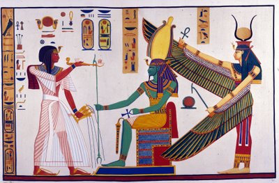 Faraon Ramzes IV składa oferty Ptah-Sokari-Osirisowi. Za Ozyrysem jest Izyda. (Grób Bibah-el-Moluk) - w „Zabytkach Egiptu i Górnej Nubii” Ippolito Roselliniego (Rossellini). autorstwa Unknown artist