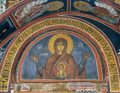 Phorbiotissa Panagia, Matka Boża Chrystusowa w Medalionie, fresk (1332-1333), bizantyjski kościół Matki Bożej z Asinou (XII w.) (Lista Światowego Dziedzictwa UNESCO, 2001), góry Troodos, Cypr autorstwa Unknown artist