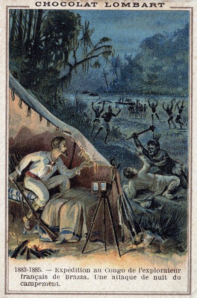 Pierre Savorgnan de Brazza (1852-1905), francuski odkrywca, nad brzegiem Konga. Nocny atak na obóz. autorstwa Unknown artist