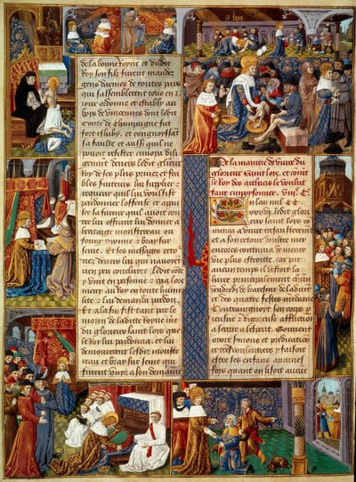 Scena Piete: „”Król Ludwik IX (1214-1270) (św. Ludwik) myjący nogi ubogim, modlący się król i sceny chrześcijańskiego miłosierdzia od króla” „Miniatura z rękopisu” „Księga faktów prałata św. Ludwika”” XV wiek. Paryż, B.N autorstwa Unknown artist