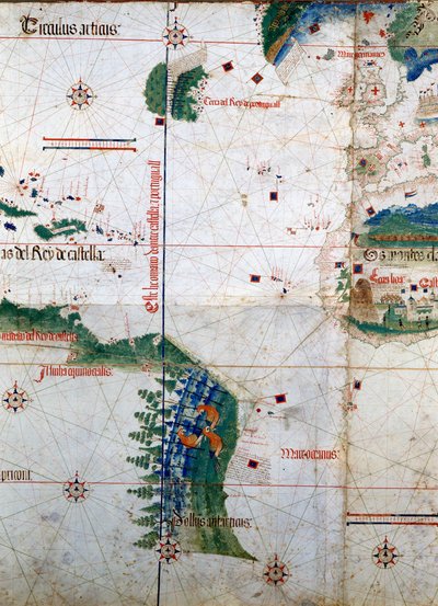 Planisphere of Cantino: Mapa Alberto Cantino z 1502 r. przedstawiająca linię graniczną nałożoną na mocy traktatu z Tordesillas (1494) między portugalską i hiszpańską Ameryką. Biblioteca Estense. Modena autorstwa Unknown artist