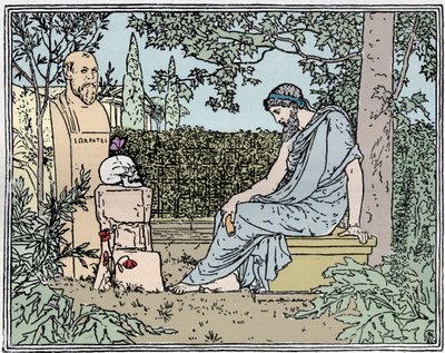 Platon medytujący nad nieśmiertelnością przed Sokratesem, motylem, czaszką i makiem około 400 rpne - Platon medytujący nad nieśmiertelnością przed Sokratesem, motylem, czaszką i makiem około 400 rpne Grawerowanie XIX wieku autorstwa Unknown artist