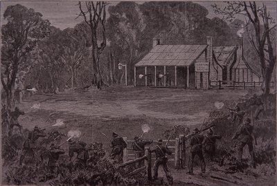 Policja otworzyła ogień do Kelly Gang w hotelu Glenrowan, 28 czerwca 1880 (grawerowanie) autorstwa Unknown artist