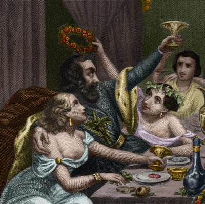 Papież Aleksander VI (1431-1503) (Alessandro, Rodrigo Borgia) Rodrigue Borgia świętuje ślub swojej córki Lucrece Borgia (Lukrecja) z 50 kurtyzanami w Watykanie. Rycina z 1842 roku w „Histoire des Popes: zbrodnie, morderstwa, zatrucia, parrici autorstwa Unknown artist