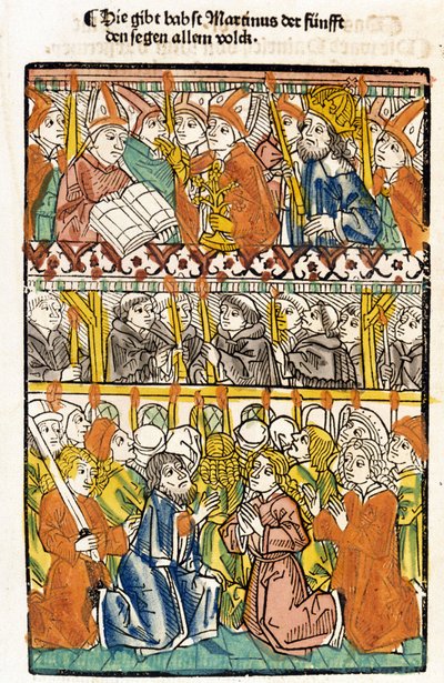Papież Marcin V (1368 - 1431) wybrany na soborze w Konstancji (1417) przez zakończenie wielkiej schizmy Zachodu dokonuje błogosławieństwa. „Das concilium” autorstwa Unknown artist
