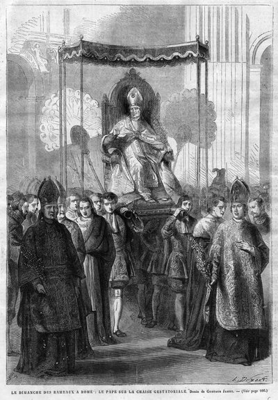 Papież Pius IX (1835-1914) na sedia gestatoria - Niedziela Palmowa w Rzymie: Papież Pius IX (Pius Pio 9) na krześle gestatorialnym - rysunek Gustave Janet - Pamiętnik ilustracyjny z 1868 roku autorstwa Unknown artist