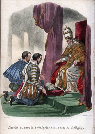 Papież Grzegorz XIII (1502-1585) otrzymuje głowę Gasparda de Coligny (1519-1572), zamordowanego podczas masakry w dniu św. Bartłomieja w 1572 roku, jako dar od króla Francji Karola IX (1550-1574). autorstwa Unknown artist