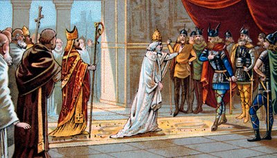 Papież Stefan II (Stefanus) błaga o pomoc Pepina Krótkiego przeciwko Longobardom w 754 w Pałacu Ponthion - Papież Stefan II (III) prosi Pepina Krótkiego o pomoc przeciwko Longobardom w 754 autorstwa Unknown artist