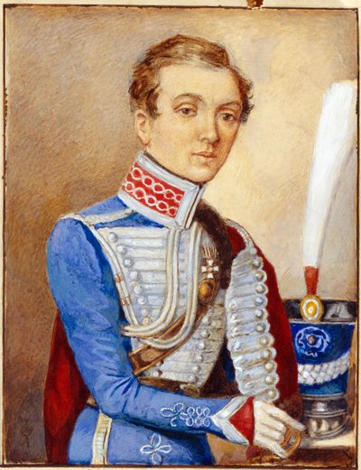 Portret Nadieżdy Durowej (1783-1866) (Nadezhda Andreyevna Durova) znanej jako Aleksandra Durowa lub Aleksandra Sokołowa lub Aleksandra Andriejewicza Aleksandrowa, w mundurze rosyjskiego oficera, kobiety przebranej za mężczyznę, która zrobiła karierę w rosy autorstwa Unknown artist