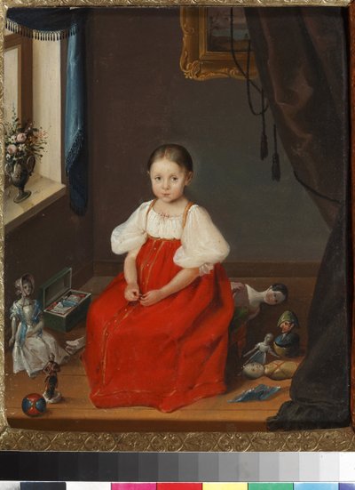 „Portret dziewczynki w czerwonej sukience pozującej wśród swoich zabawek” (Portret dziewczynki w czerwonym sarafan z zabawkami) Anonimowy obraz ok. 1840 r. Muzeum sztuki i zabawek pedagogicznych, Siergijew Posad autorstwa Unknown artist