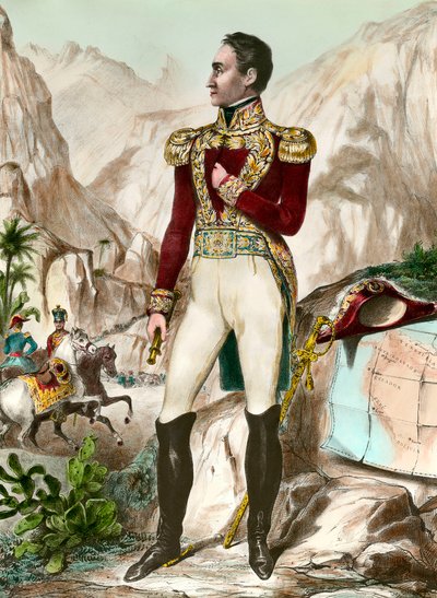 Portret en pied de Simon Bolivar (1783-1830) generał południowoamerykański Rycina XIX wieku. Prywatna kolekcja autorstwa Unknown artist