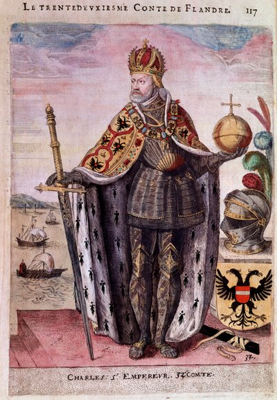 Portret u stóp Karola V (1500-1558) w trzydziestym drugim hrabiowskim rycinie Flandrii XVI-wieczny Paryż, B.N. autorstwa Unknown artist