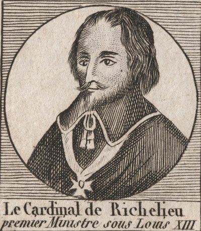 Portret Armanda Jeana du Plessis de Richelieu (1585-1642), kardynała księcia Richelieu, głównego ministra króla Ludwika XIII - kardynała Richelieu, głównego ministra króla Ludwika XIII w latach 1624-1642 - rycina z „Instrukcji sur l