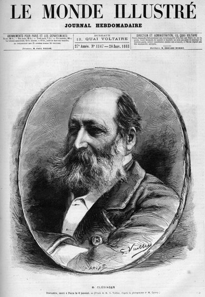 Portret Augusta Clesingera (1814-1883), francuskiego rzeźbiarza i malarza. Grawer w „Le Monde illustrious” 1883. Ze zbiorów prywatnych. autorstwa Unknown artist