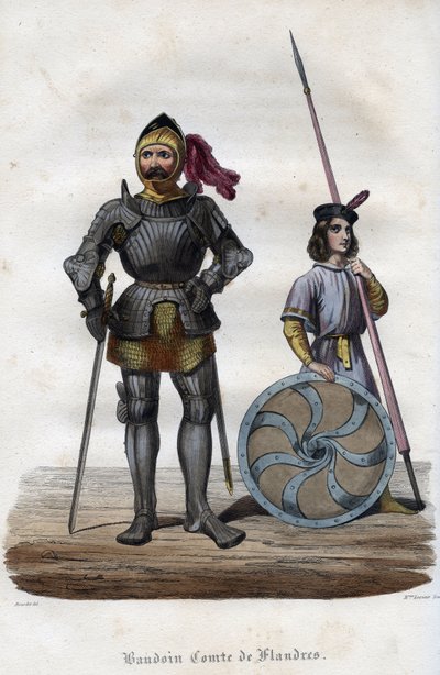 Portret Baldwina I, hrabiego Flandrii (830s-879), znanego również jako Baldwin Iron Arm. (Baudouin I, hrabia Flandrii, znany również jako Żelazne Staniki lub Dobry). Rycina z 1842 roku w „Histoire des Popes” Maurice