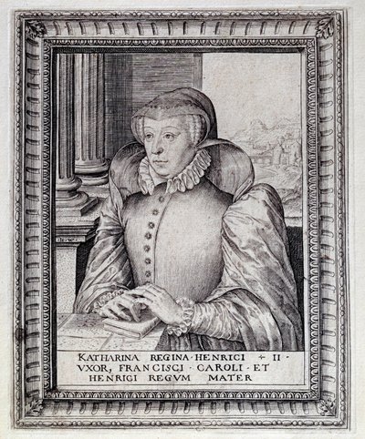 Portret Katarzyny Medycejskiej (Caterina de Medici) (1519-1589), królowej Francji. Rycina z XVI wieku. Pau, Musee Du Chateau autorstwa Unknown artist