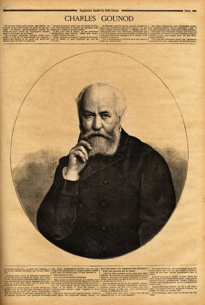 Portret Charlesa Gounoda (1818-1893), kompozytora francuskiego, znanego ze swoich oper (Faust w 1859, Romeo i Julia w 1867), skomponował także symfonie i liczne melodie do wierszy Alfreda de Musset (1810-1857) oraz Wiktor Hugo (1802-1885). Engr autorstwa Unknown artist