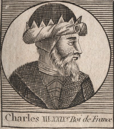 Portret Karola III z napisem Prosty (879-929) król Franków - KAROL III (879-929) - Karol Prosty - Król Francji, 893-923 - rycina z „Instruction sur l