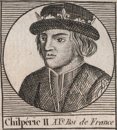 Portret Chilperika II (ok. 670 - 721), króla Neustrii - CHILPERIC II, króla Franków - grawerunek z „Instruction sur l