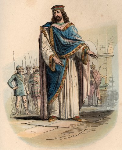 Portret Clovis I (w. 466 - 511), króla Franków. Rycina z 1868 r. w „Histoire de Belgique od czasów pierwotnych do końca panowania Leopolda I”” autorstwa Theodore