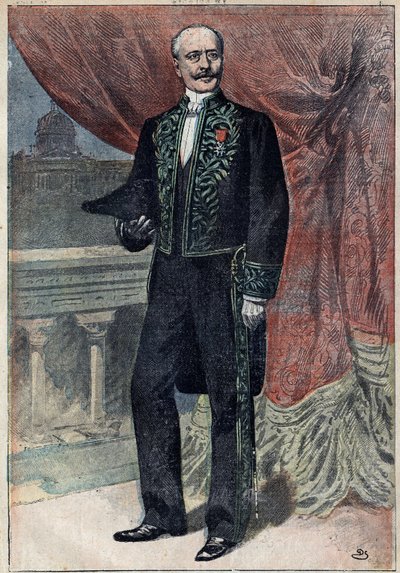 Portret hrabiego Alberta de Muna (1841-1914), francuskiego polityka, eseisty i wojskowego, gdy wstąpił do Akademii Francuskiej 10 marca 1898 r. Ilustracja w „Le Pelerin” z 20 marca autorstwa Unknown artist