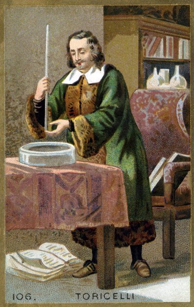 Portret Evangelisty Torricelli lub Toricelli (1608 - 1647), włoskiego fizyka ze swoim wynalazkiem Barometr (rurka rtęciowa). Chromolitografia XIX wieku. autorstwa Unknown artist