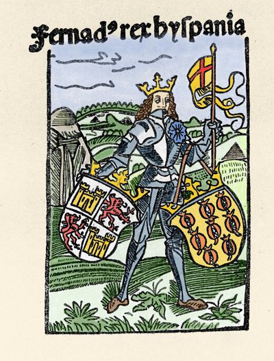 Portret Ferdynanda I Aragońskiego Sprawiedliwego (1380-1416) króla Hiszpanii. Rycina z „”De insulis in mare Indico super inventis””, Bale 1493-1494 (łac. tłumaczenie raportu Kolumba do króla Hiszpanii). autorstwa Unknown artist