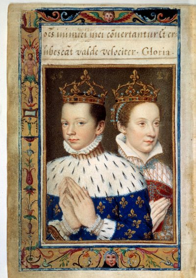 Portret Franciszka II (1544-1560) i Marii Stuart (1542-1587) Król i królowa Francji Strona rękopisu „Księgi godzin Katarzyny Medycejskiej” (Caterina de Medici) XVI-wieczny Paryż, B.N. autorstwa Unknown artist