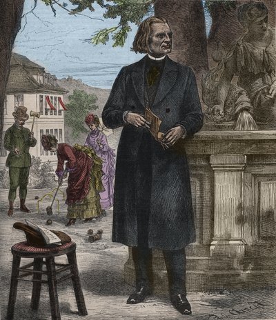 Portret Franciszka Liszta (1811-1886), węgierskiego kompozytora, pianisty i dyrygenta (Franz Liszt, węgierski kompozytor, pianista i dyrygent) grawer w znakomitym tygodniku „Muzyka popularna”” - 1882 autorstwa Unknown artist